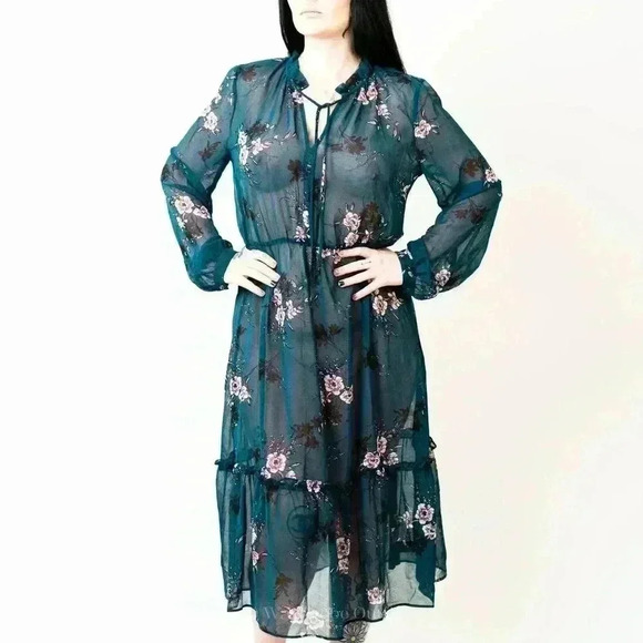 Lulus Dresses & Skirts - Lulus Newell Teal Green Sheer Floral Print Midi Dress - L